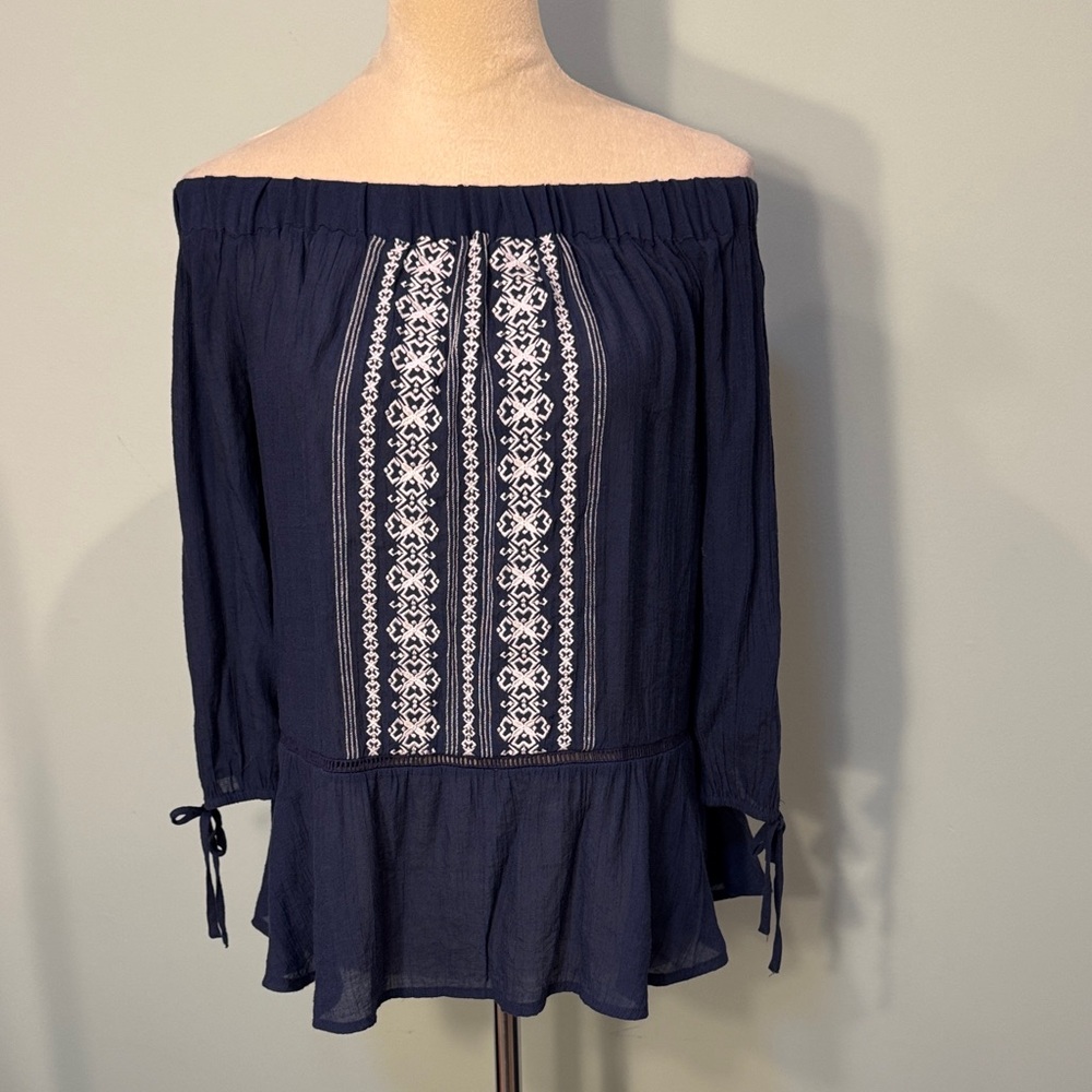 Como Vintage Navy Blue Off-Shoulder Embroidered Women's Top Size S